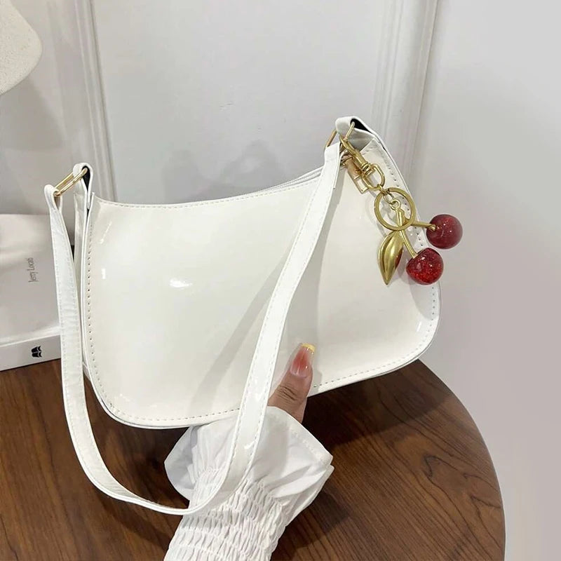 Vintage Retro Shoulder Bag for Women PU Leather Underarm Crossbody Ladies Casual Handbag Purse with Cherry Pendant