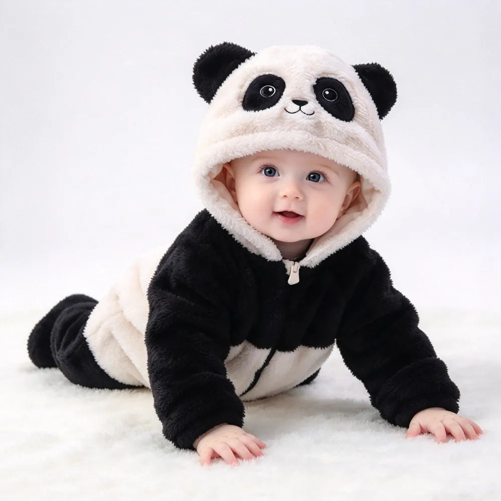 Baby Animal Onesie 0-12M Panda Bunny Bear Hooded Plush Romper Soft Warm Coral Fleece Jumpsuit Newborn Bodysuit Winter Costume