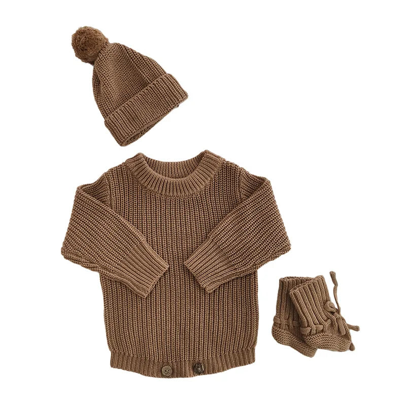 Autumn Baby Knitted Romper Headband Hat Socks Set 3Pcs Solid Color Newborn Outfit Cotton Warm Infant Shower Clothing Gifts
