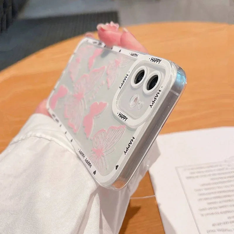 Cute Pink Butterfly Pattern Phone Case For iPhone 17 16 15 14 13 12 11 Pro Max Mini SE 7 Plus Air Shockproof Soft Cover Fundas