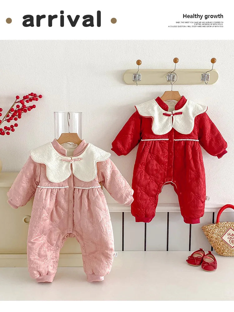 Baby Warm New Year Christmas Rompers 0-2 Year Old Korean Childrens Wear Winter Bodysuit Toddler Girls Sweetheart Outwear