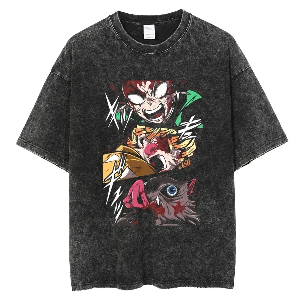 Hot Anime Demon Slayer Kokushibo Graphic T-Shirt Men Women Manga Tshirts Washed Cotton T Shirt Harajuku Unisex Vintage Top Tees
