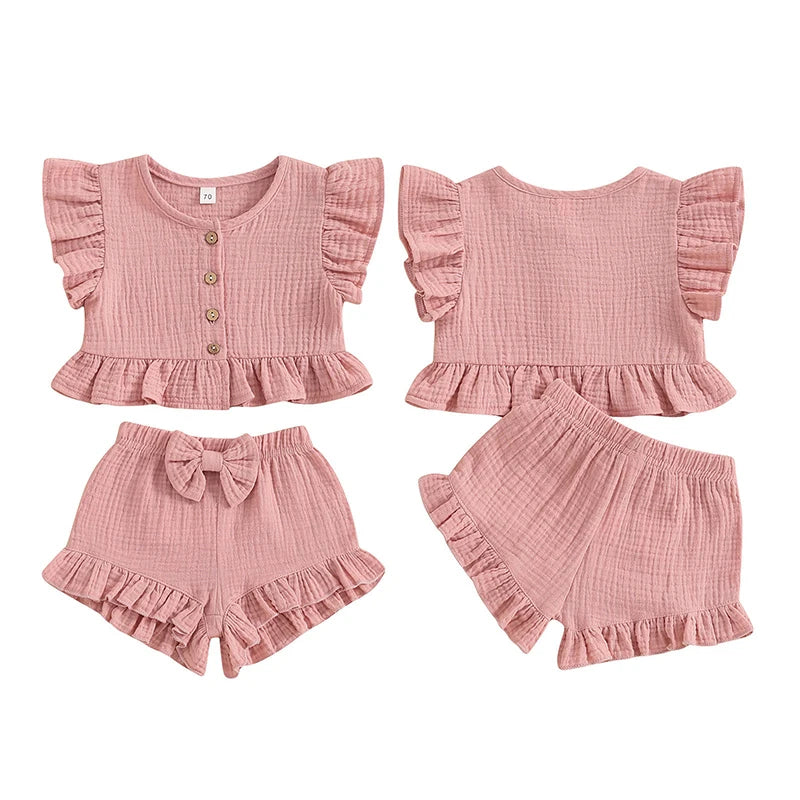 Pudcoco Little Girl 2 Piece Summer Set, Fly Sleeve Button Down Ruffled Tops Bow Elastic Waist Shorts Baby Toddler Set 6M-4T