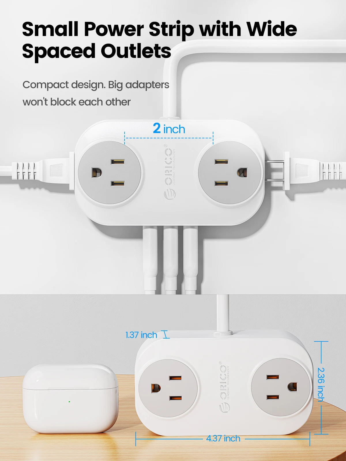 ORICO Travel Power Strip with USB C AC Outlets 3 USB Ports Wrapped Flat Plug Extension Cord with Multiple Outlets for Travel