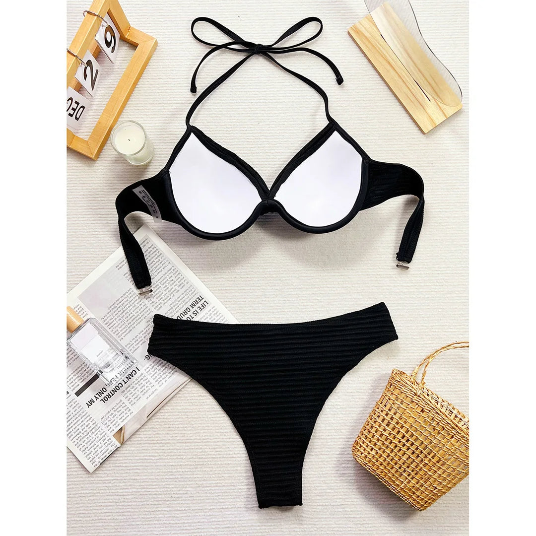 Wrinkled Halter Underwired Bikini Women Swimwear Female Swimsuit Two-Pieces Bikini Set Mid Waist Bather Bathing Suit Swim V5440