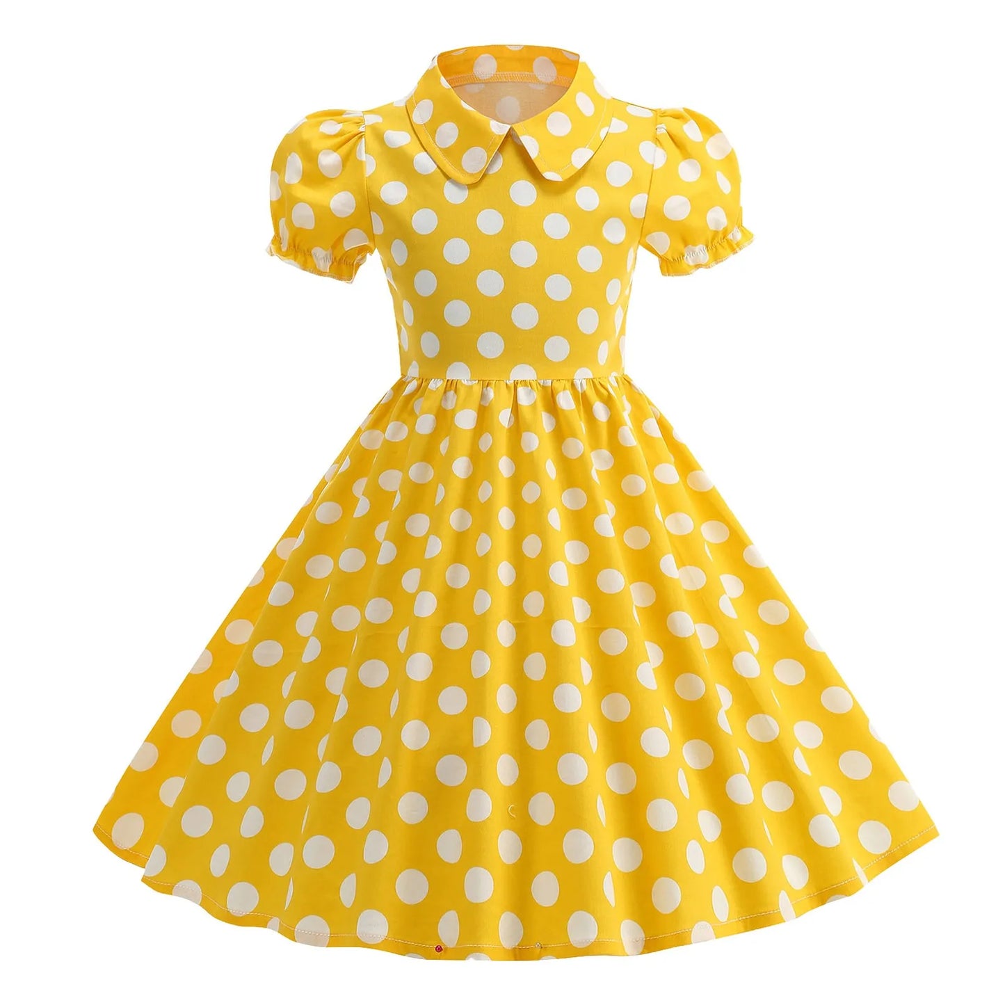 Girls Vintage Polka Dot Summer Dresses Elegant 50s Turn Down Collar Short Sleeve Princess Cocktail Dress Children'S Clothing