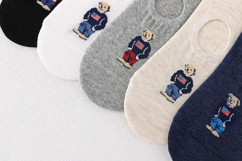 5 Pairs Unisex Men Socks 5 Colors Summer New Cartoon Bear Cotton Boat Socks Light Comfortable Sweat-absorbent Invisible Socks