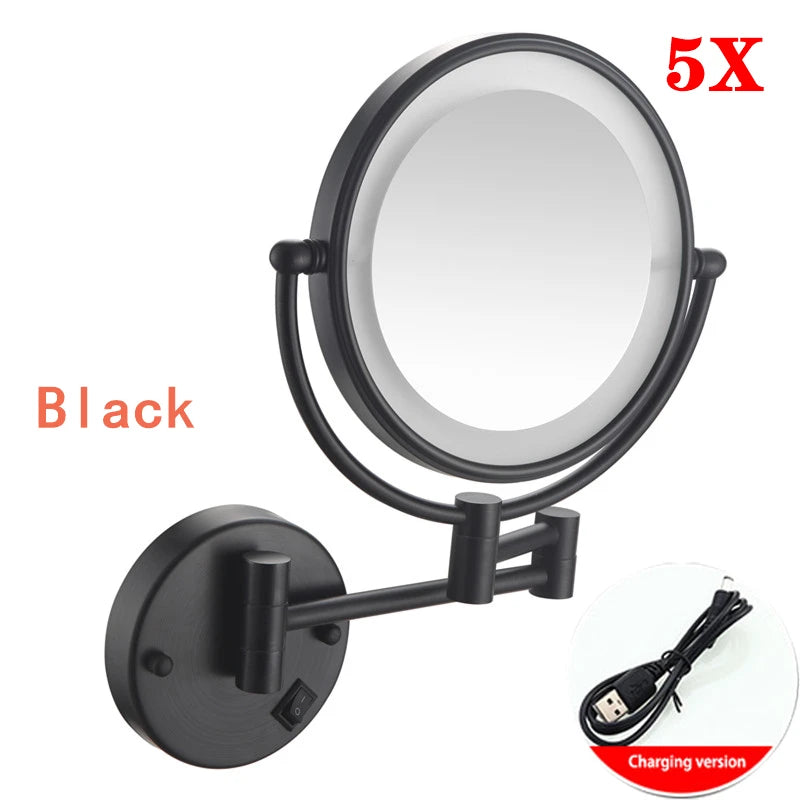 Brushed Gold LED Makeup Mirror with Brass Folding Bathroom Mirrors of 8 Inch 3X 5X Maynifying Makeup Mirror Dual Face LED Mirror