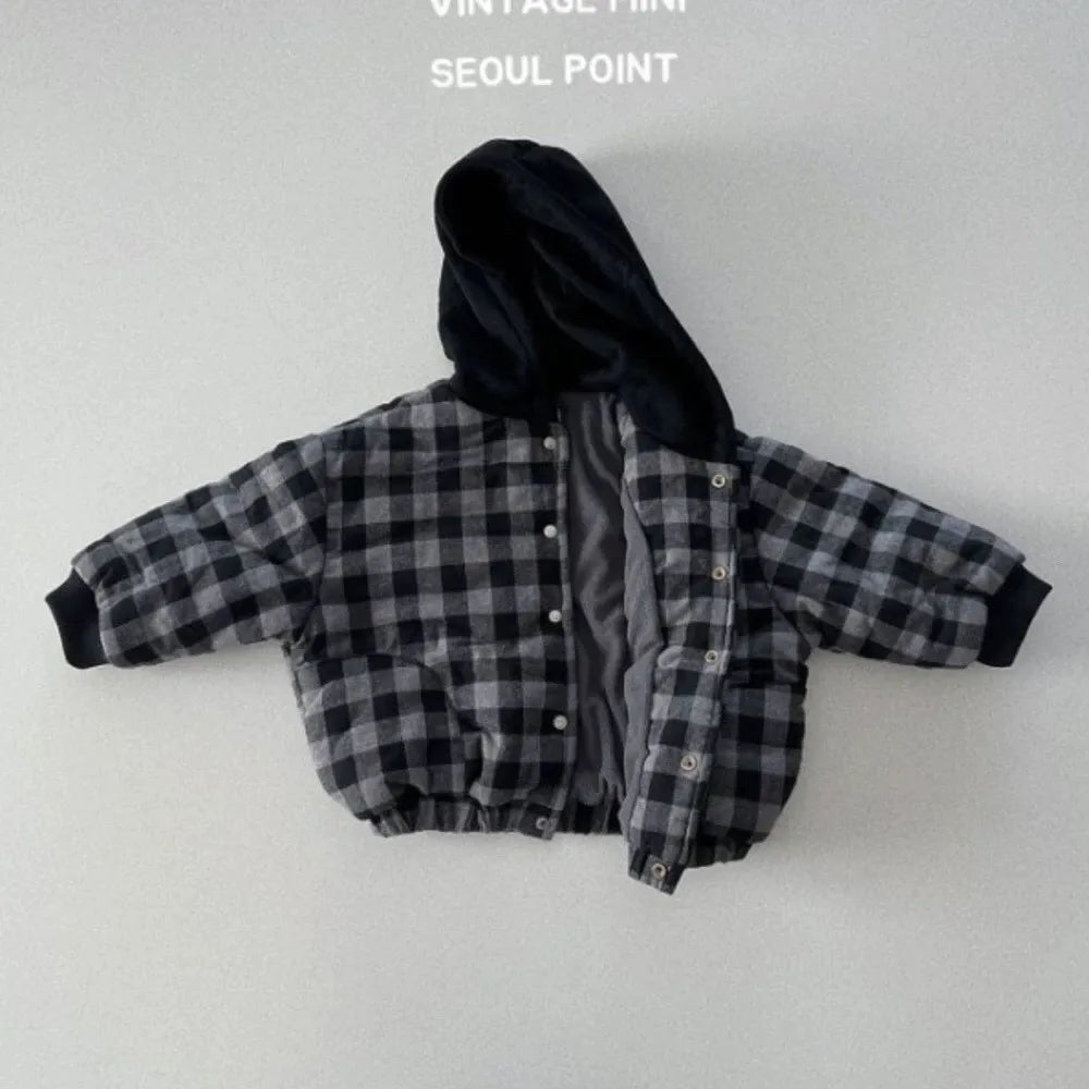 2025 Winter New Baby Warm Plaid Coat Kids Boys Girls Hooded Cotton Padded Jacket Kids Vintage Windproof Tops Children Clothes