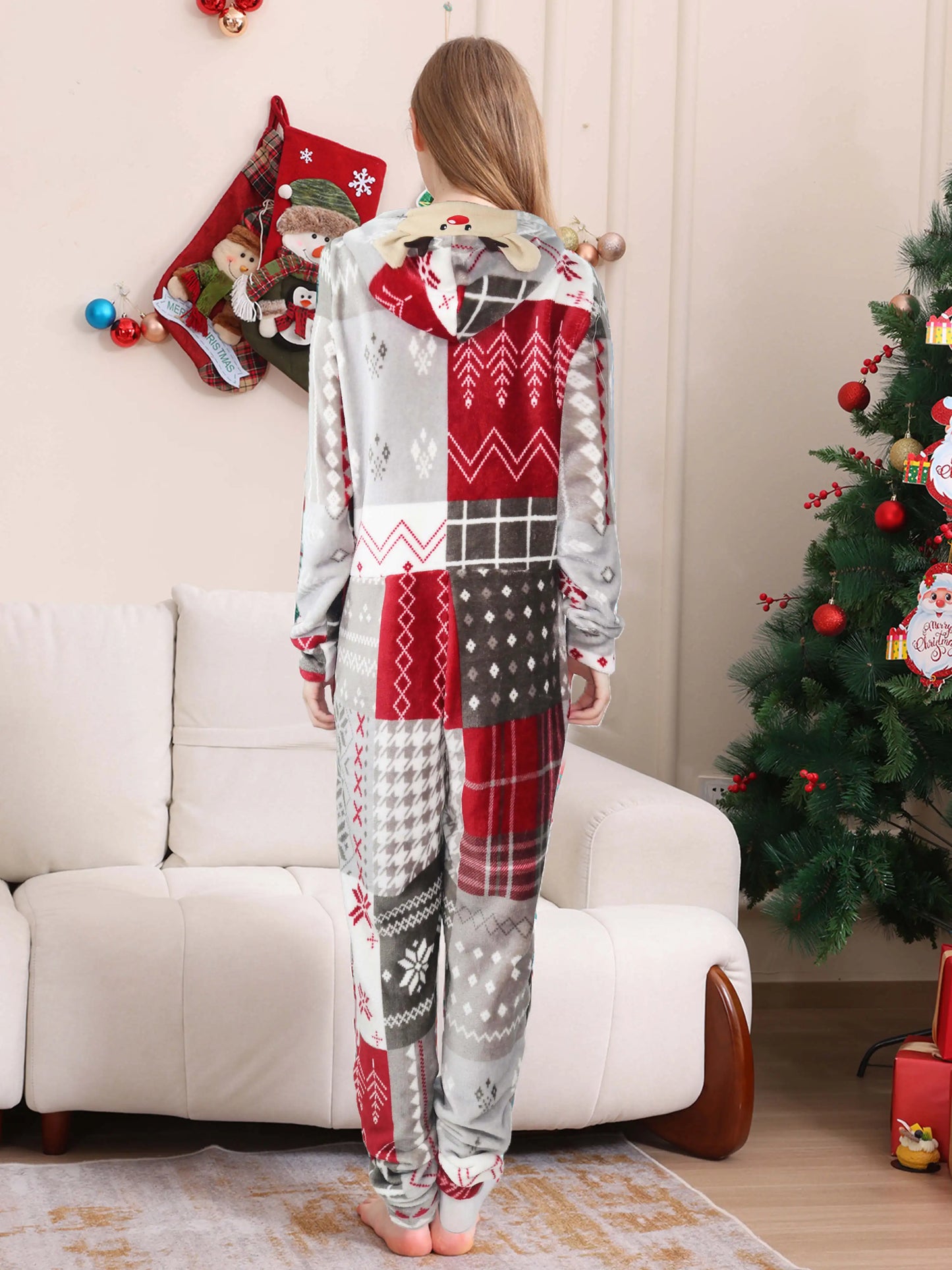 2025 Christmas Velvet Family Matching Clothing Set Zipper Hooded One-piece Jumpsuit Soft Loose Xmas Onesie Warm Thick Sleepwear