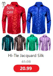 Hi-Tie Pure Black Silk Mens Shirts Plain Smooth Long Sleeve Formal Dress Blouse for Male Wedding Business Events Oversized Gift