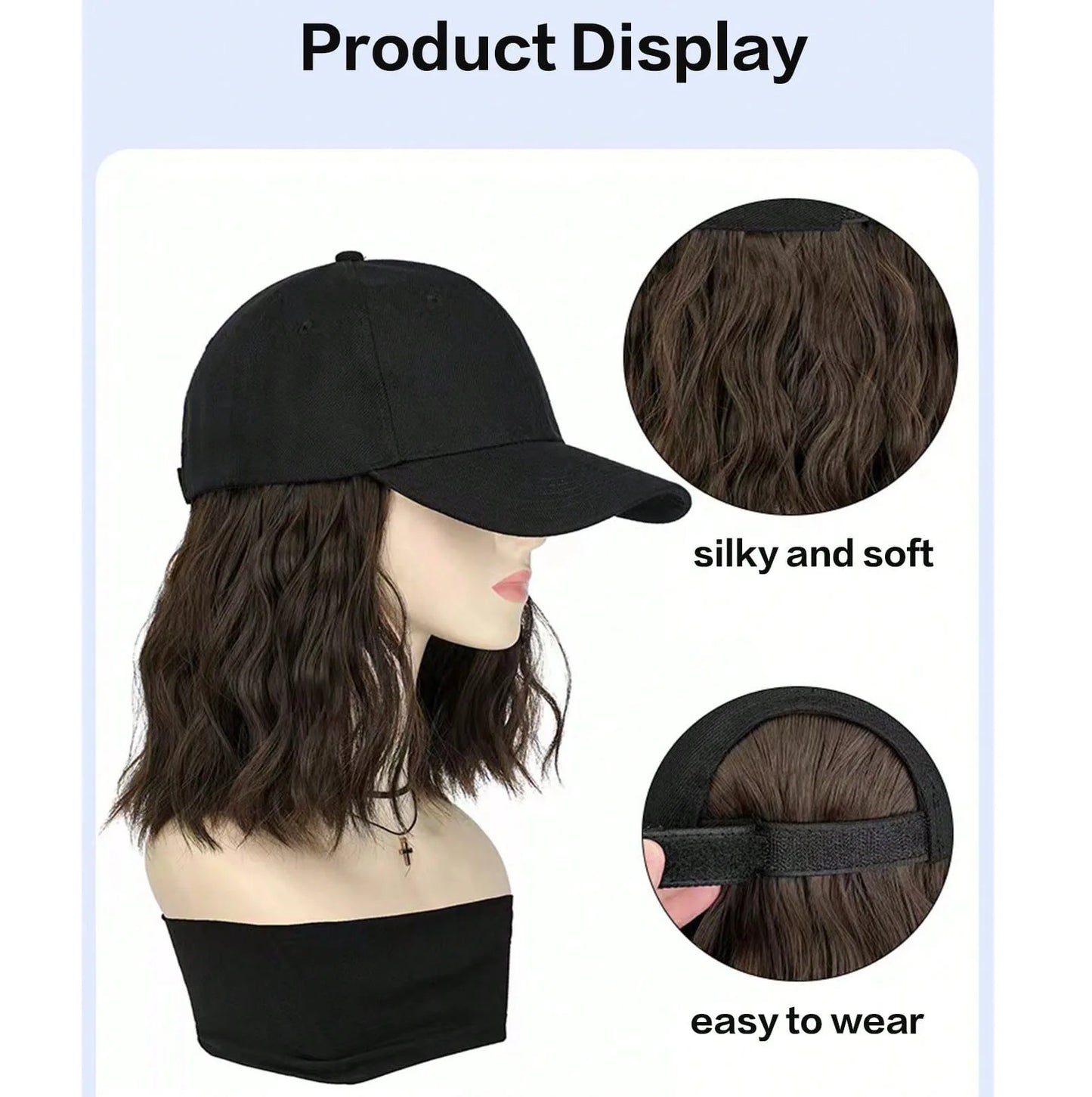 Hat Wig for Women, Short Wave Baseball Cap Wig with Curly Synthetic Hair Extensions, Adjustable Brown Black Baseball Hat Wig