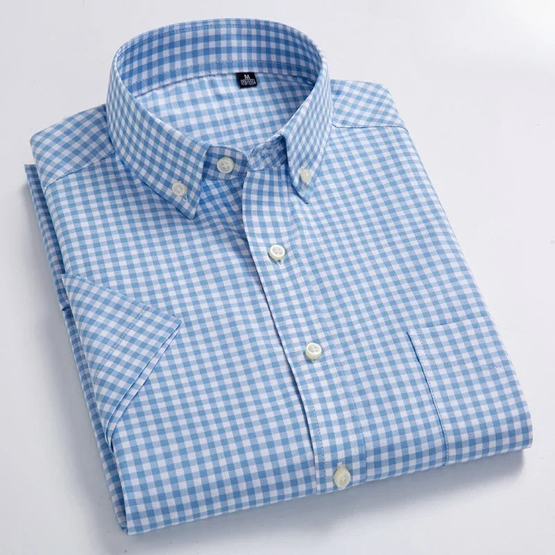 New in shirt hight qulity100%cotton summer short sleeve shirts for men slim fit shirt thin plaid houndstooth soft office clothes