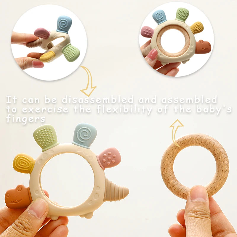 Cartoon Stegosaurus Baby Wooden Ring Silicone Teething Toys Easy to Grip Newborn Gift BPA Free Colorful Infant Chewing Molar Toy