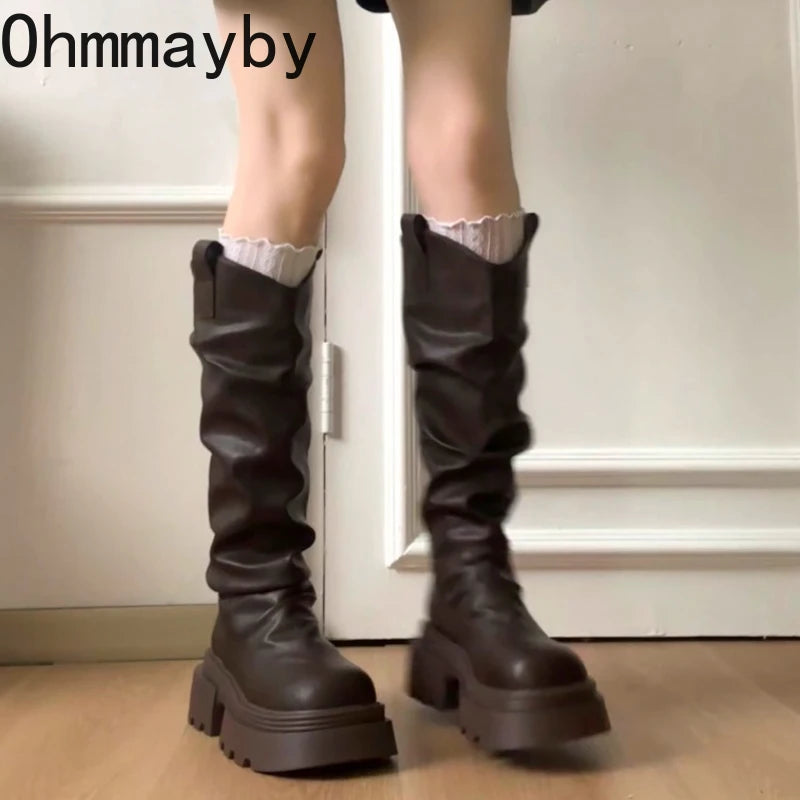 Autumn Winter Platform Thick Bottom Women Long Boots Fashion Slip On Shoes Vintage Ladies Knight Botas