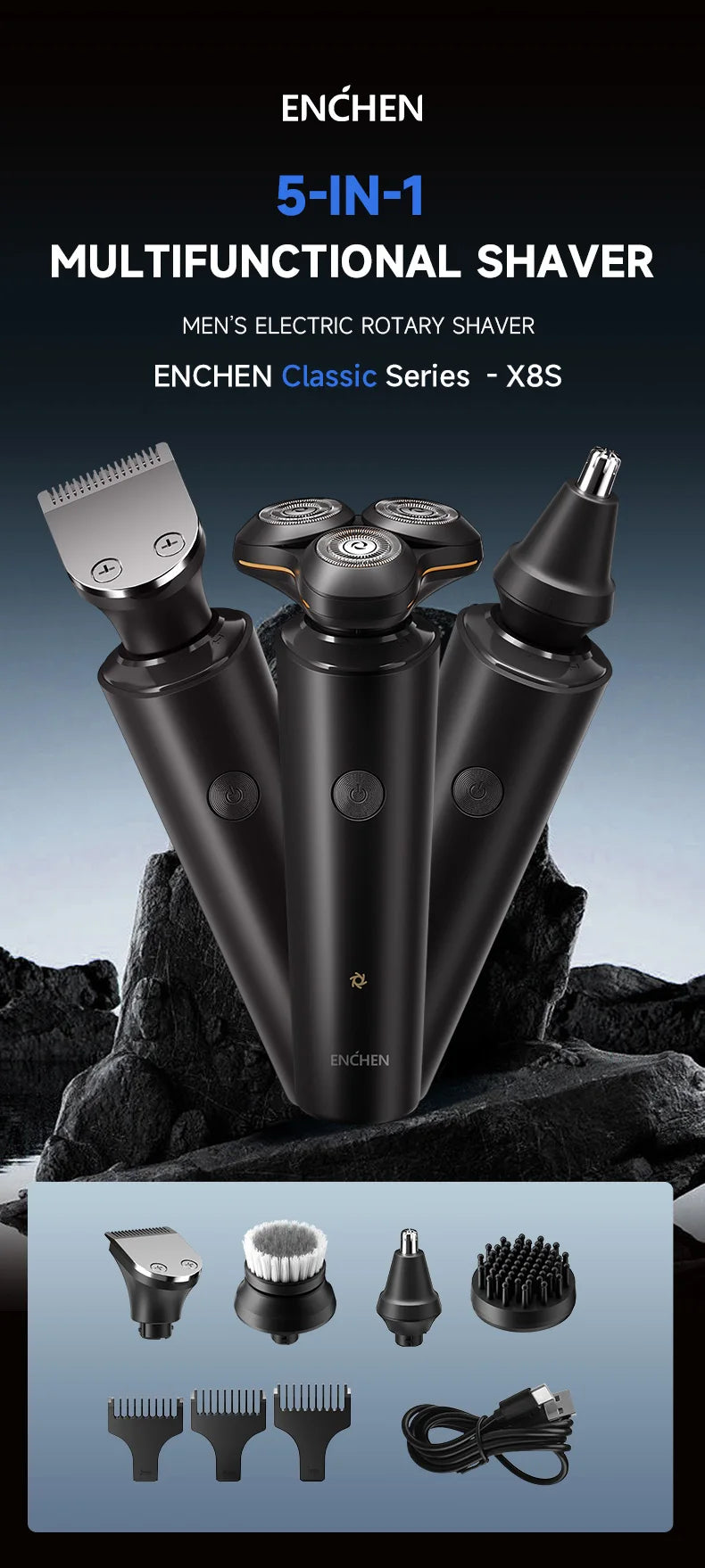 ENCHEN X8S-C Electric Shaver With 4 Replacement Heads Multi-Purpose Waterproof Type-C Rechargeable Portable Men Beard Trimmer
