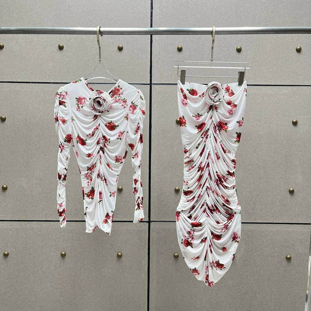 Handmade Floral Women's T Shirt Y2k Pleated Slim Temperament Elegant Round Neck Long Sleeve Blouse 2025 Early Spring New