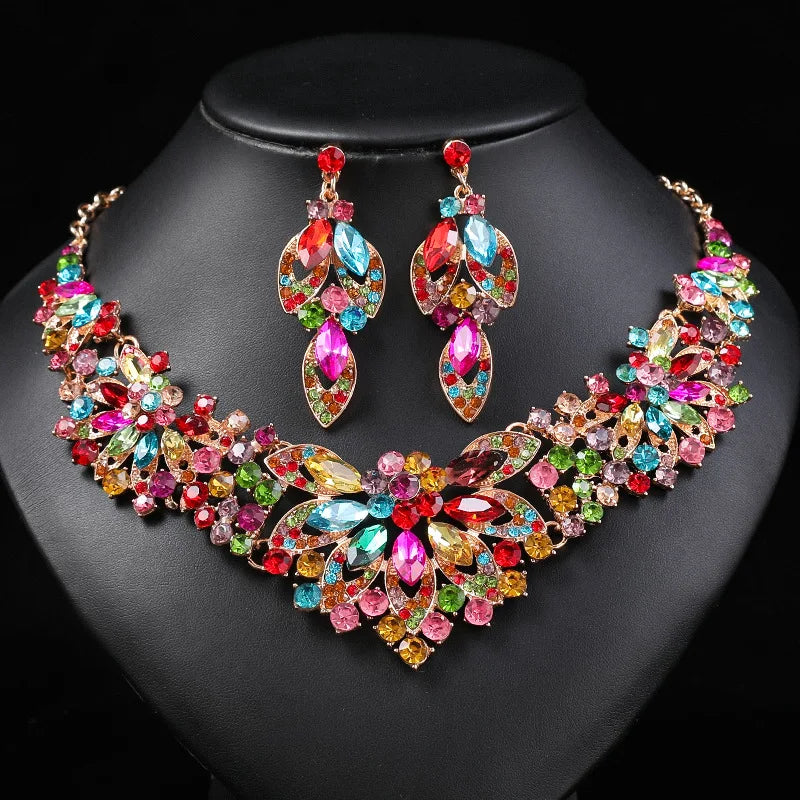 Advanced design retro necklace earring set leaf Multicolored flowers luxurious crystal jewelry bride's wedding dress accessories