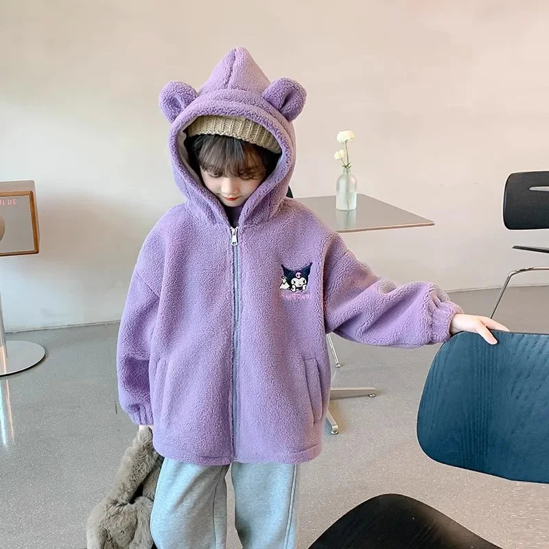 Winter 2025 New Cartoon Sanrio Kuromi Girls' Velvet Jacket Plus Velvet Children'S Polar Fleece Hooded Clothes Girls Winter Cloth