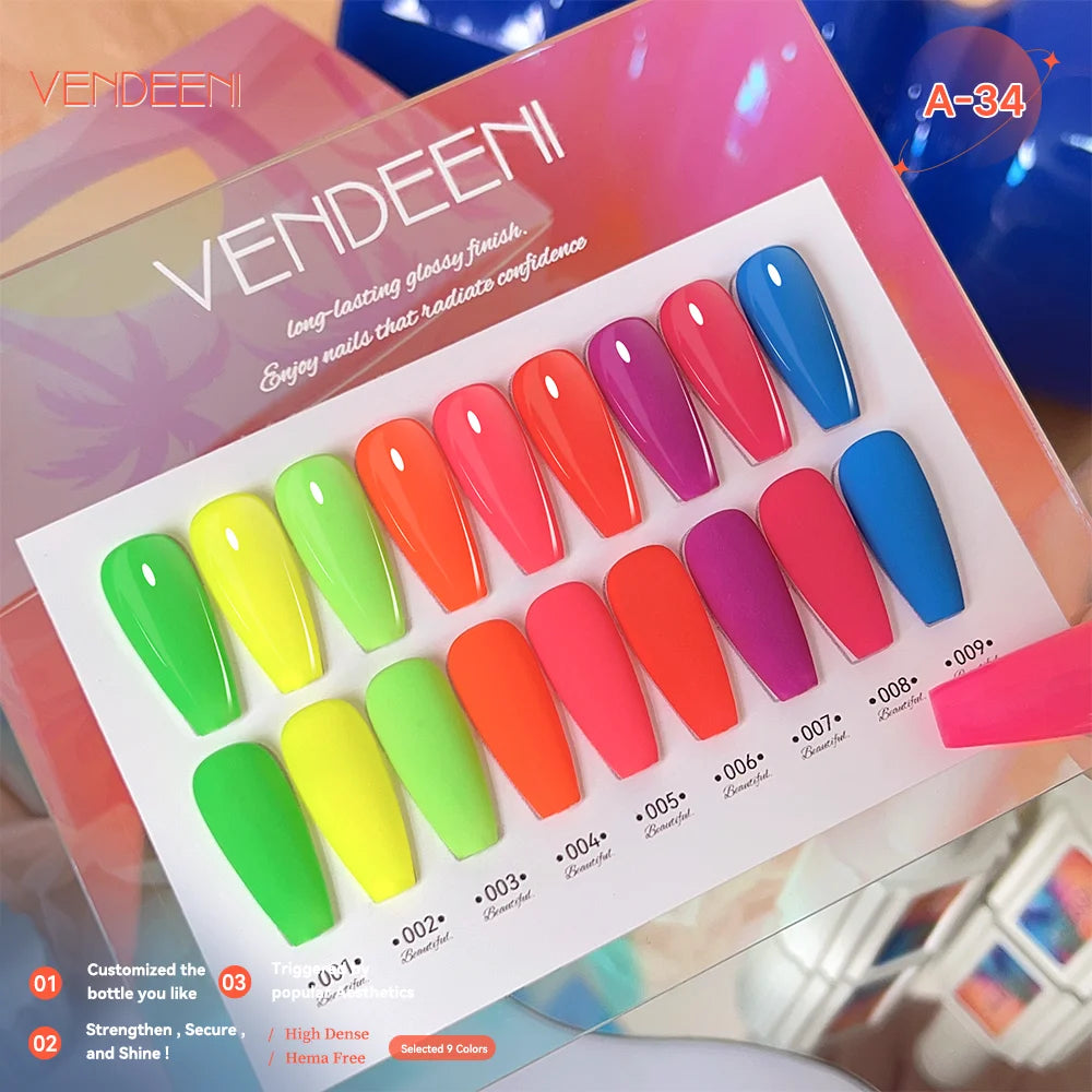 Vendeeni TPO HEMA Free 2025 Hot Sale High Quality 9-Color Nail Gel Polish Set Non-Toxic UV Gel Nail Art Kit for Nail Salon