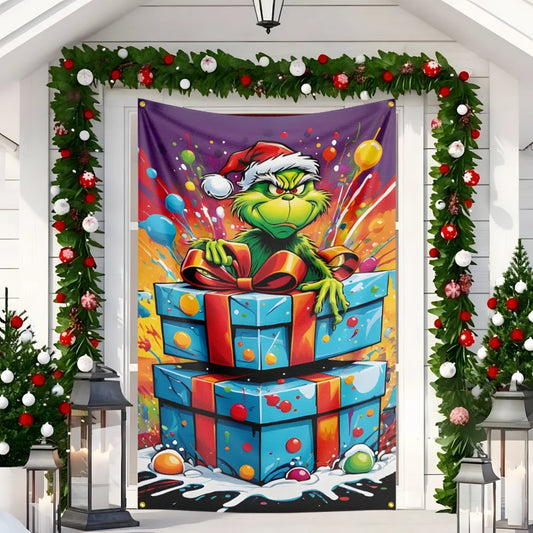 New Christmas Door hanging Green Haired Monster Christmas Flag Red Green Yard Outdoor Decoration Party Scene Decor