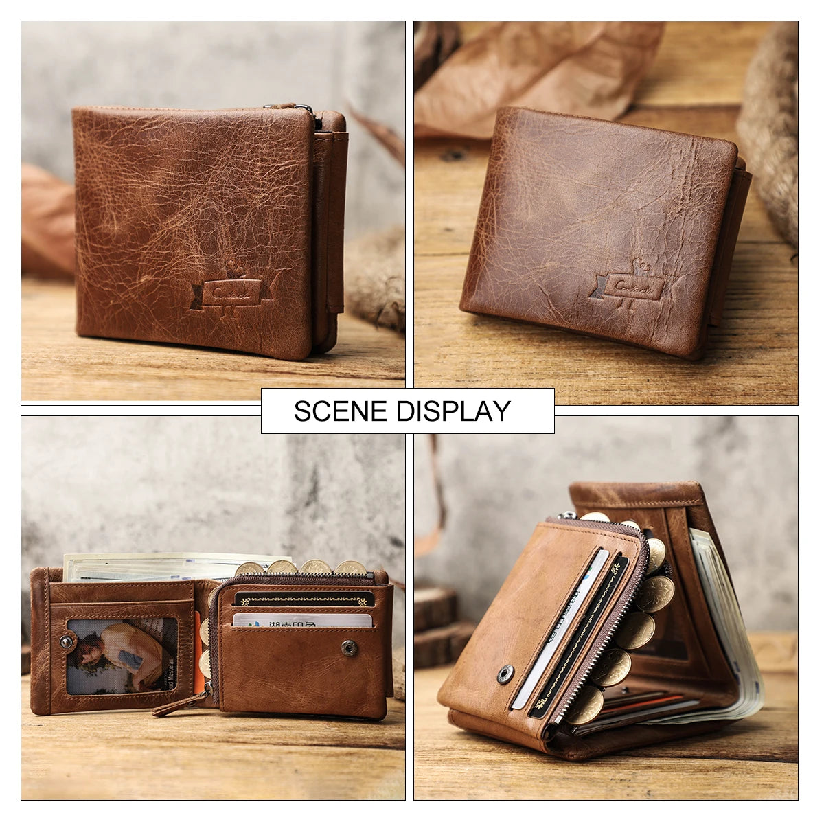 CONTACT'S Genuine Leather Men Wallet Vintage Trifold Hasp Wallet Zipper Coin Purse Card Holder Money Clip Men's Wallets