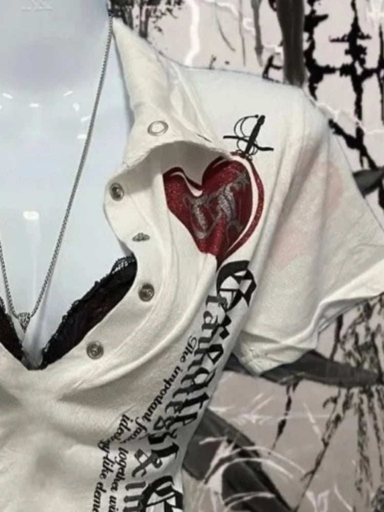 Japanese Letter Printing Vintage Tops Y2k Aesthetic Turn Down Collar Punk Tshirts Women Grunge Harajuku Casual Slim Fit Tees