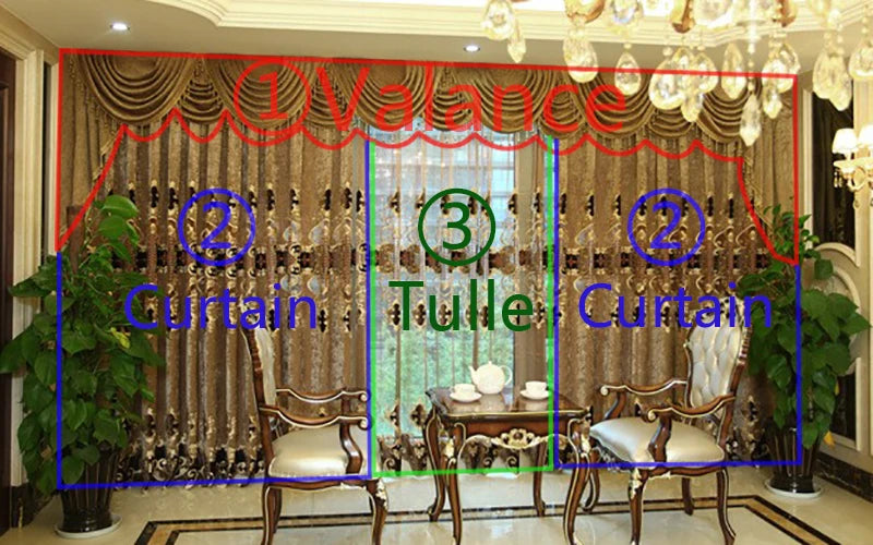 Embroidered Chenille Velvet Curtains for Living Room Bedroom European Modern Brown Gold Sheer Tulle Windows Backdrop Valance