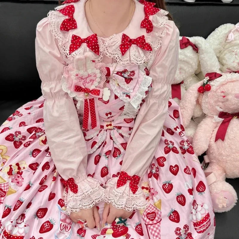 Women Harajuku Japanese Style Sweet Lolita Shirts Peter Pan Collar Bow Lace Ruffles Long Sleeve White Blouse Blusas Mujer Tops