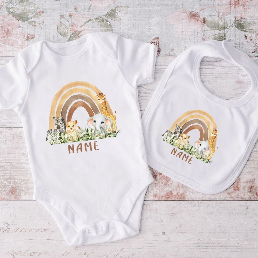 Personalized Matching Baby Bib & Romper Custom Name Animal Rainbow Printen Newborn Bibs Bodysuit Set Infant Shower Gift 2 Pcs