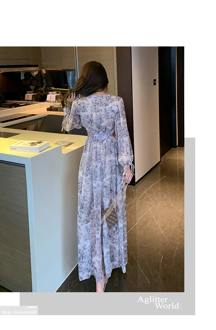 Elegant Boho Vintage Dress 2025 Spring Casual Printed Maxi Vestido Woman Sexy Hollow Waist Chiffon Beach Dress Female Clothing