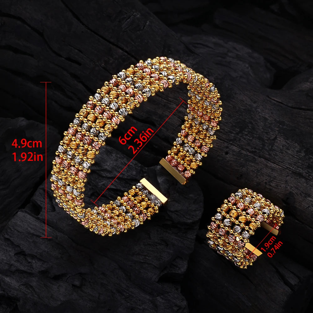 Luxury Cuff Bangles and Ring Set Gold Color Beads Arabic Dubai Wedding Bridal Jewelry Set Women Party 2 pcs Hand Jewelry