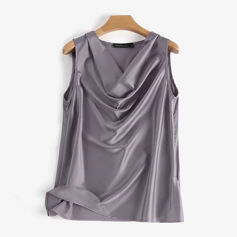 ZANZEA 2025 Elegant Korean Tanks Women Satin Silk Solid Color Sleeveless Tank Tops Fashion Sexy Office Lady Cowl Neck Camisole