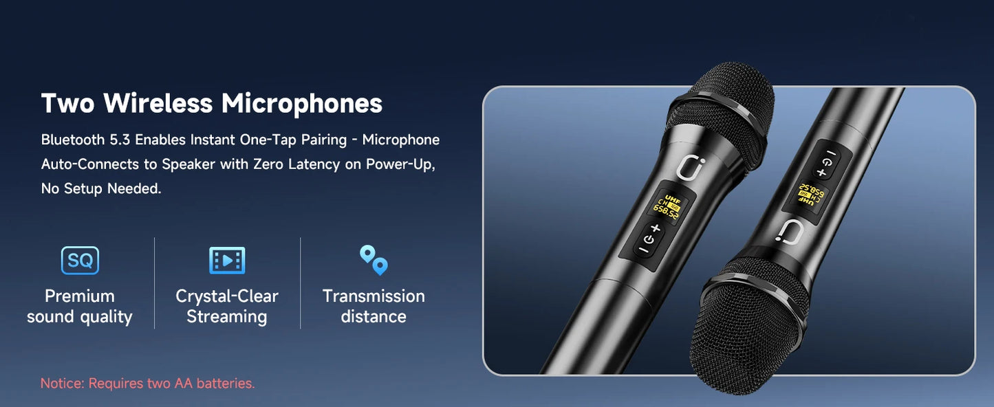 Karaoke Machine, Portable Bluetooth 5.3 Speaker with 2 Wireless Microphones for Adults, Supports TWS/TF Card/USB/AUX/Live