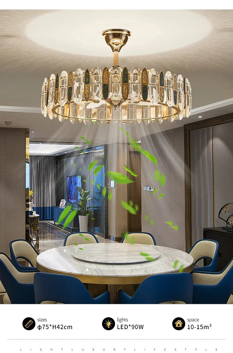 Crystal Ceiling Fan Lamp Modern Living Room Dining Room Remote Integrated Ceiling Fan Light Home Bedroom Study Silent Fan Lights
