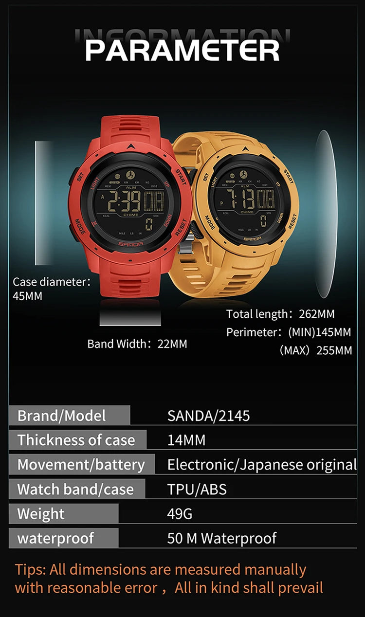 SANDA Brand Men Watches Sports Pedometer Calories 50M Waterproof LED Digital Watch Military Wristwatch Relogio Masculino 2145