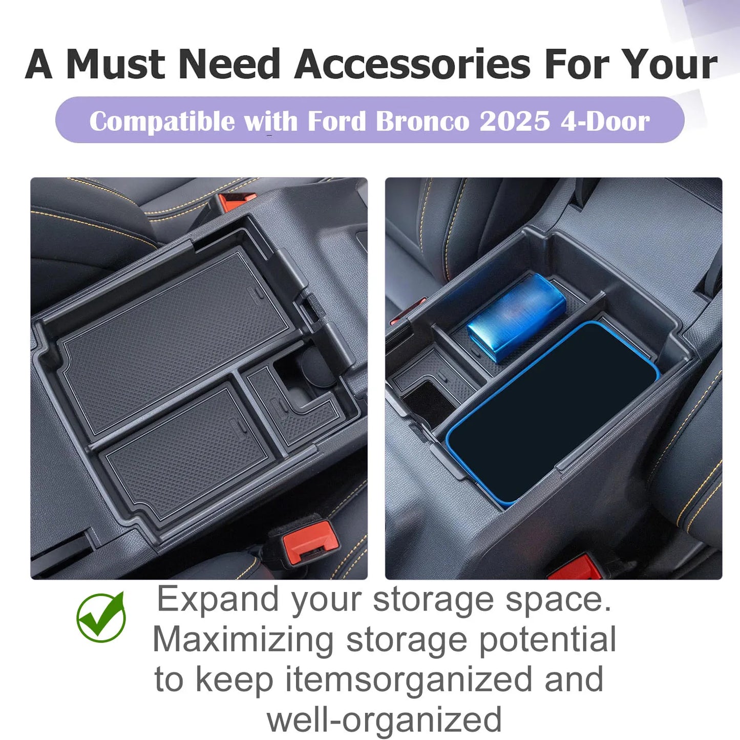 For 2025 Ford Bronco 4 Doors Accessories Center Console Organizer Tray Armrest Box Storage Interior Phone Holder Car Accessories