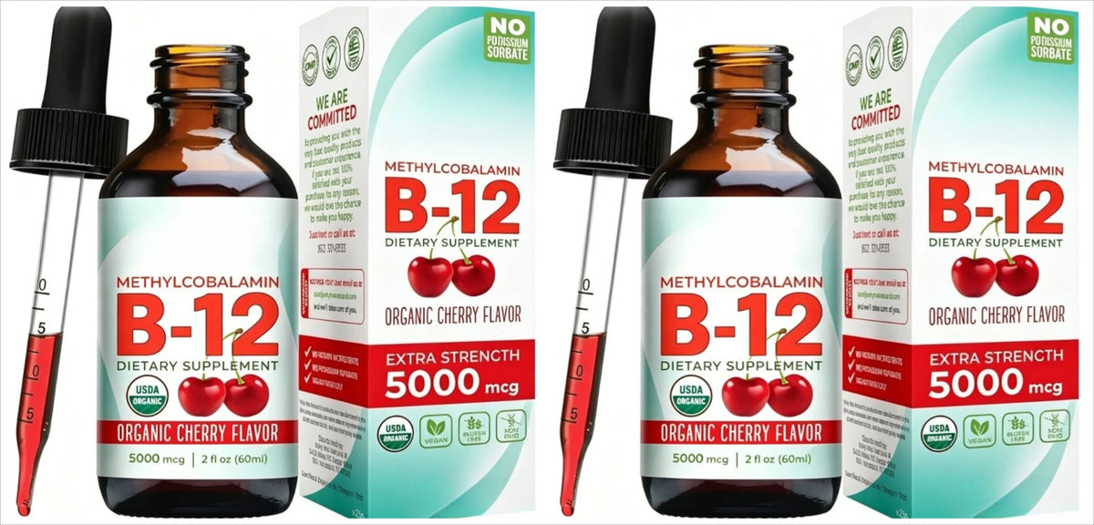 Methylcobalamin B12 5000mcg Daily Energy Vitality Support Organic Cherry Flavor Liquid Drops 60ml