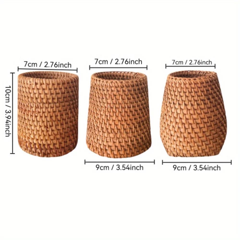 Rattan Pencil Holder, Handmade Wicker Pen Cup Makeup Brushes Holder, Woven Vine Desk Organizer Pen Container Box