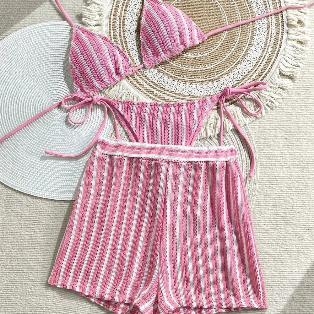 Fashion Stripes 3 in 1 Swimwear Set Lace Up Slim Fit Bikini Bathing Suit Deep-V Sleeveless Knitting Swimsuit Vacation