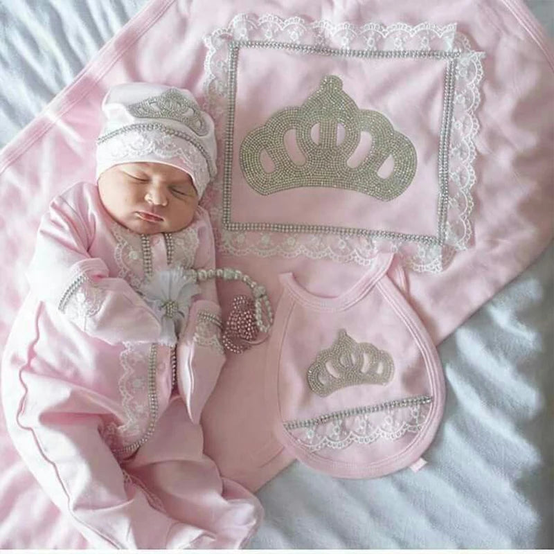 Dollbling Newborn 5pcs Layette Outfits Set Baby Tuxedo Outfit 0-3M Handmade Embroidery Wheat Jewels Crown Parajams Gift Set
