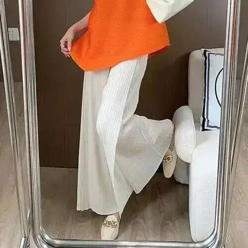 LANMREM patchwork design women's Pleated trousers elastic High Waisted Draped Straight Wide Leg Pants 2025 chic new 2DB3871