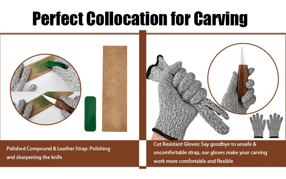 10Pcs Wood Carving Tools Set with Detail Wood Carving Knife Wood Chisel Knife Gloves Carving Knife Sharpener Woodworking Tools