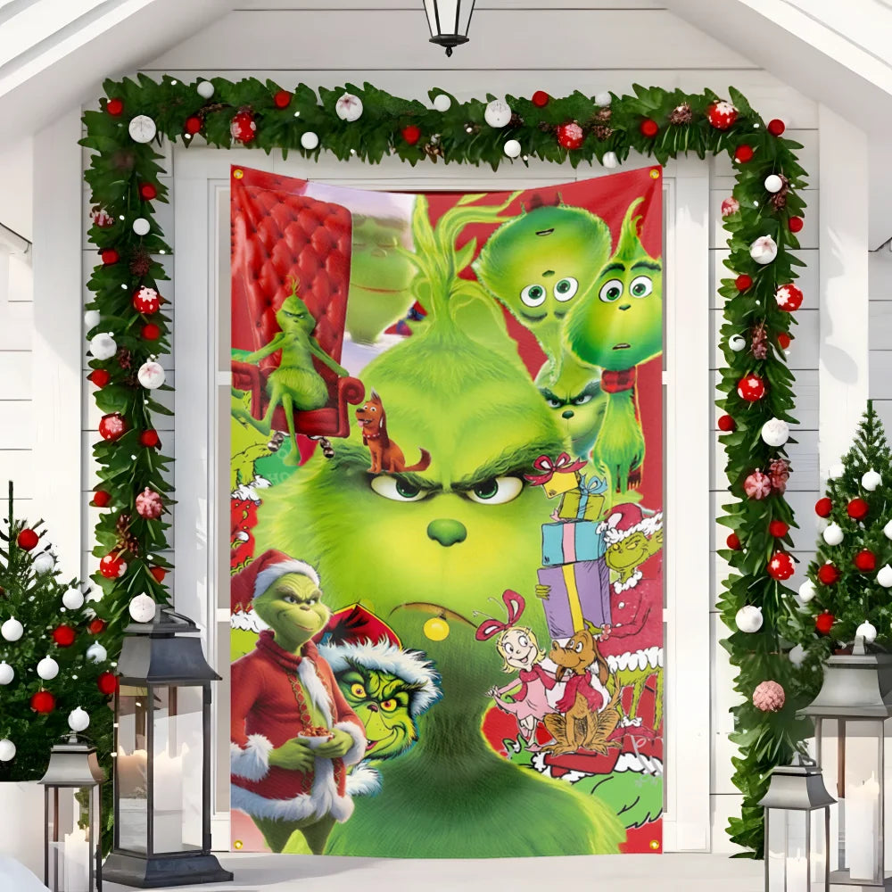 New Christmas Door hanging Green Haired Monster Christmas Flag Red Green Yard Outdoor Decoration Party Scene Decor