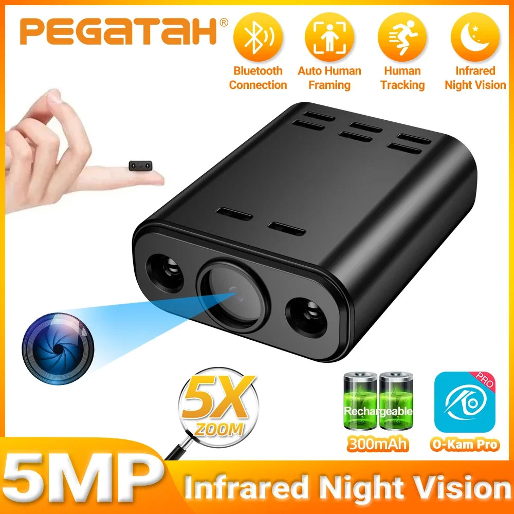 PEGATAH 5MP HD Mini WIFI Body Camera Built-in Battery Human Tracking IP Remote Monitoring IR Night Vision Protable Camcorders