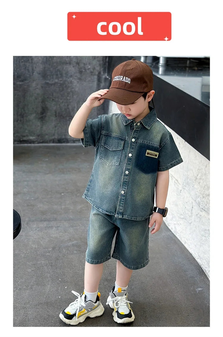 2025 Trendy Boys' Denim Set Vintage Wash Short Sleeve Shirt & Shorts 2-Piece Summer Outfit