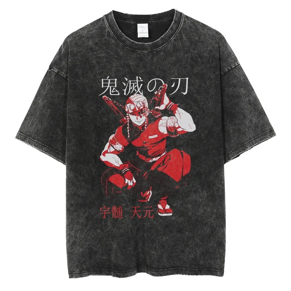 Hot Anime Demon Slayer Kokushibo Graphic T-Shirt Men Women Manga Tshirts Washed Cotton T Shirt Harajuku Unisex Vintage Top Tees
