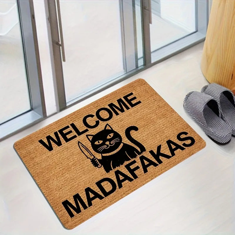 Welcome Madafakas Cat Doormat – Funny Meme-Themed Floor Mat with Angry Cat & Knife Graphic, Humorous Entryway Decor Carpet