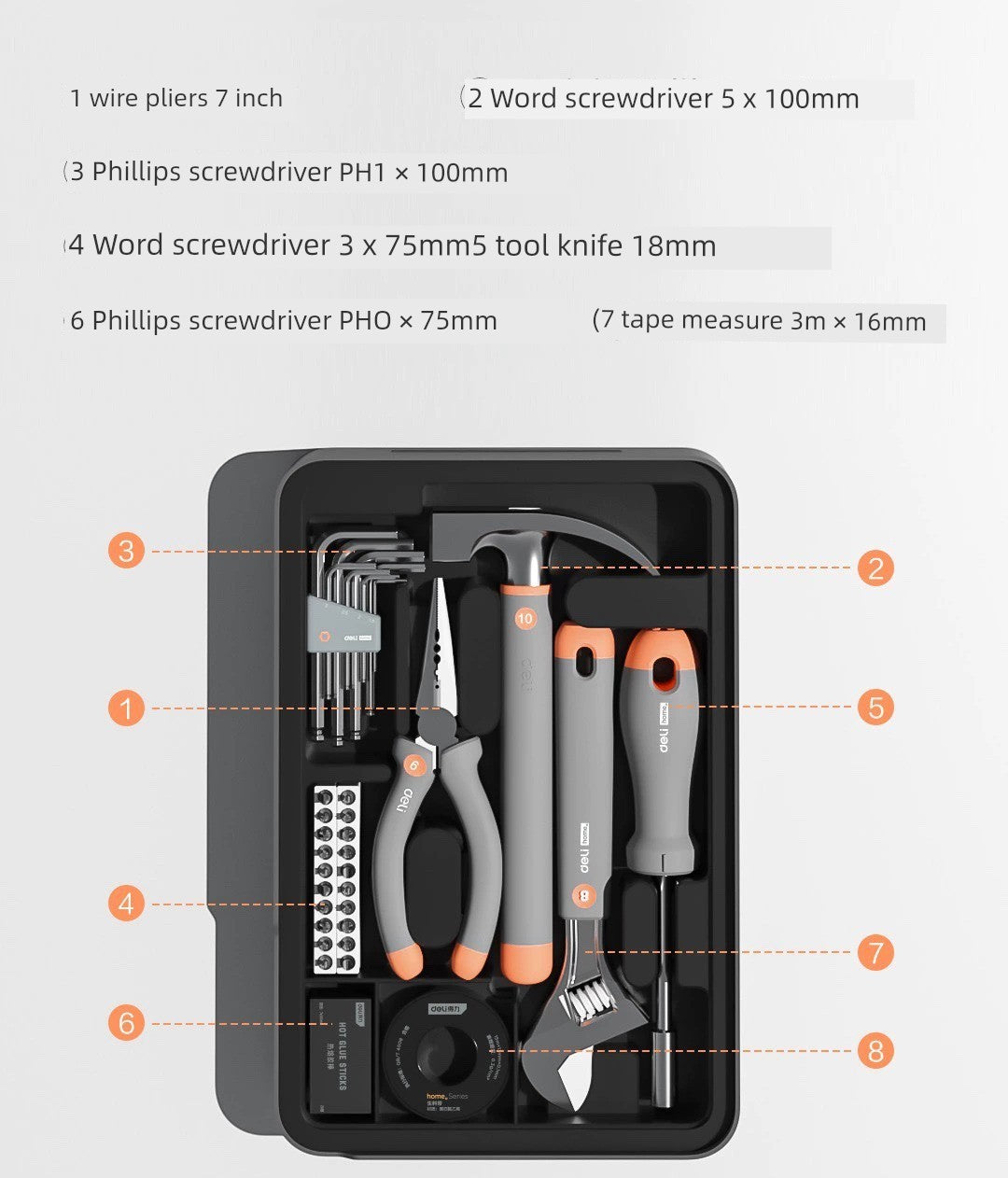 Deli Home Daily For Home Wire Cutter Hammer Lithium Electric Drill Emergency Repair Multifunctional Suit Tool H1001