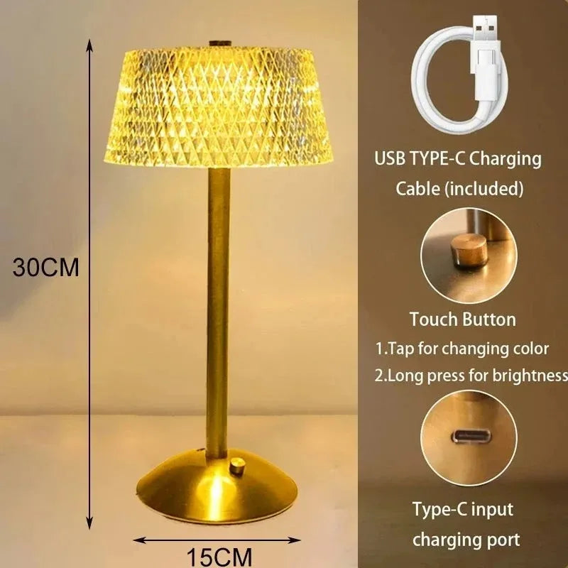Classic LED Cordless Table Lamp USB Rechargeable Night Light Coffe Bar Touch Dimming Desk Lamp Bedroom Decor Crystal Table Lamps